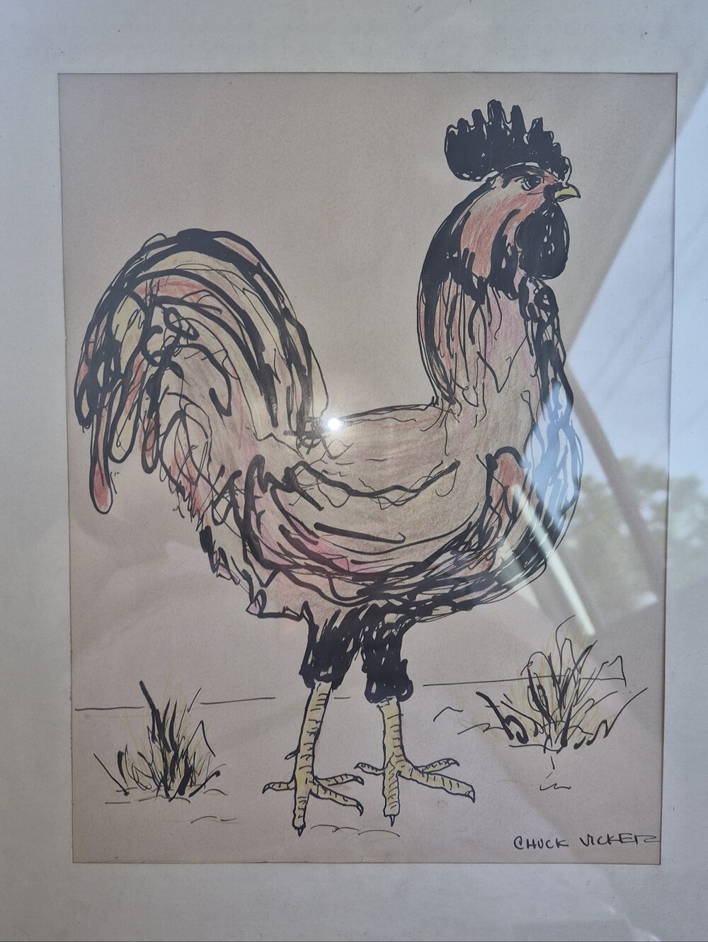 ​Original Charles "Chuck" Vickery Signed Rooster Sketch - Framed Ink & Wash Draw